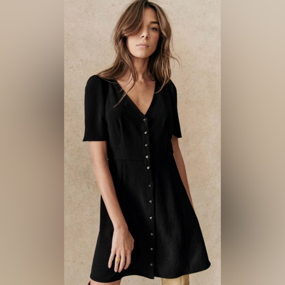 Sezane Black Mini Dress with Button Detail